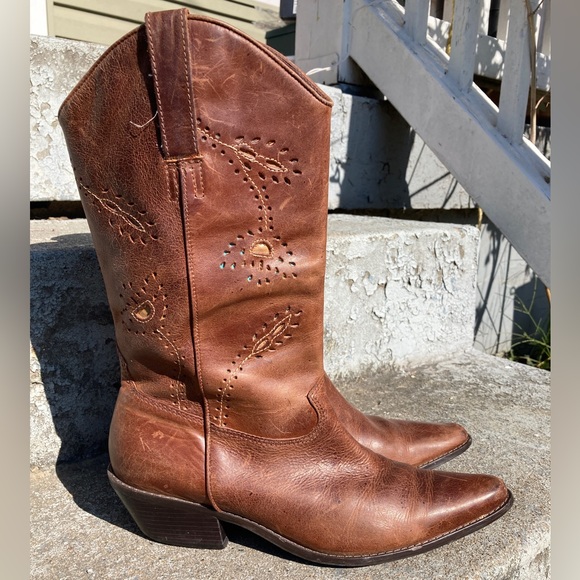 Naturalizer Leather Cowgirl Boots Brown Teal Floral Designs Women’s 9 - Picture 1 of 5